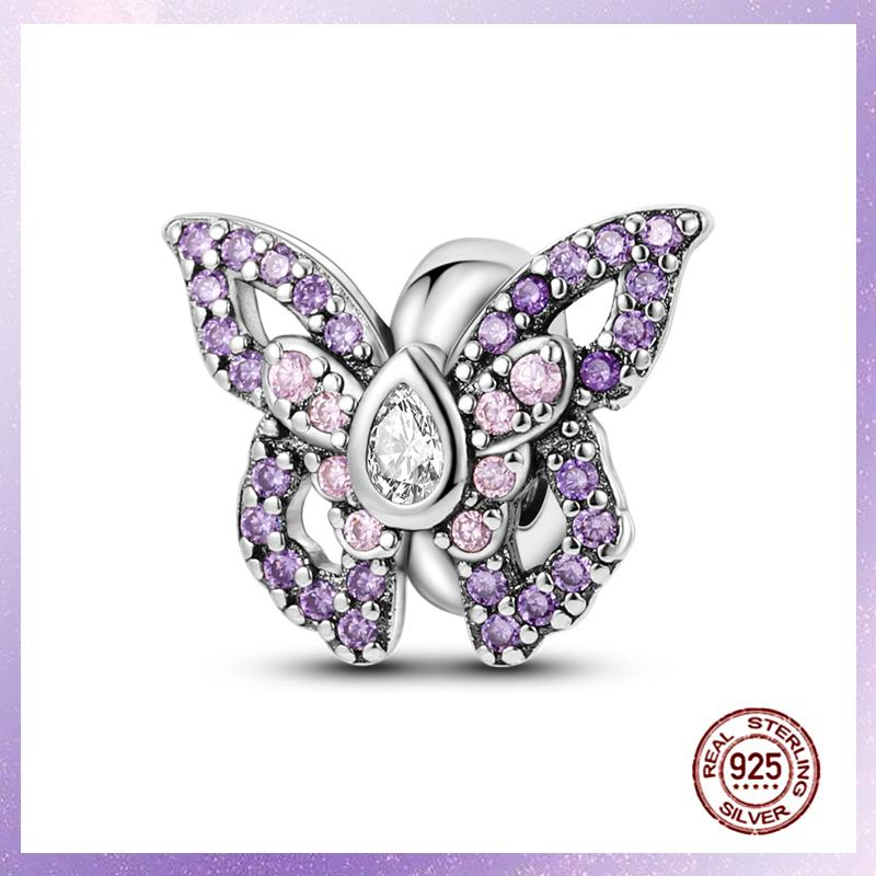 Purple Charms Copper Fit Original Pendant Bracelet Butterfly Glass Heart Feather Clip Charm Dangle Luminous Bead Diy Jewelry
