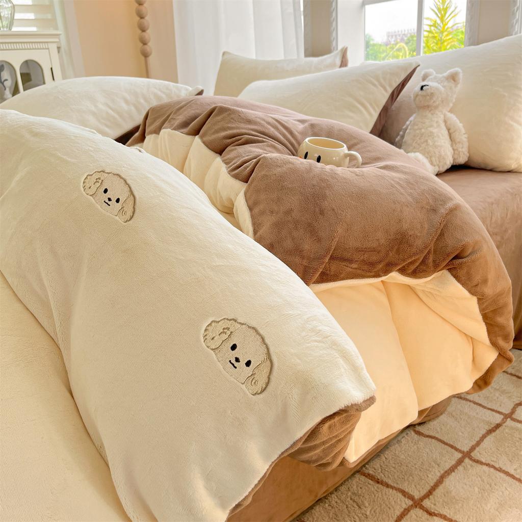 Thickened Milk Fleece Four-Piece Set, Embroidered Coral Fleece Quilt Cover, Thermal Bedding, Fleece Bed Sheet Three-Piece Set