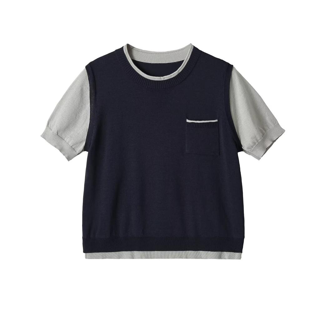 European and American Style, New Women's Clothing, Foreign Style, Round Neck Short-sleeved Spliced Knitted Top 3921051