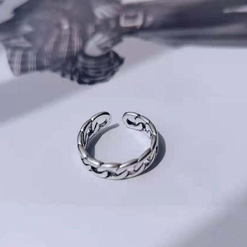 Thai Silver Retro Open Knuckle Ring: Trendy Flattened Chain Design for Index or Pinky Finger