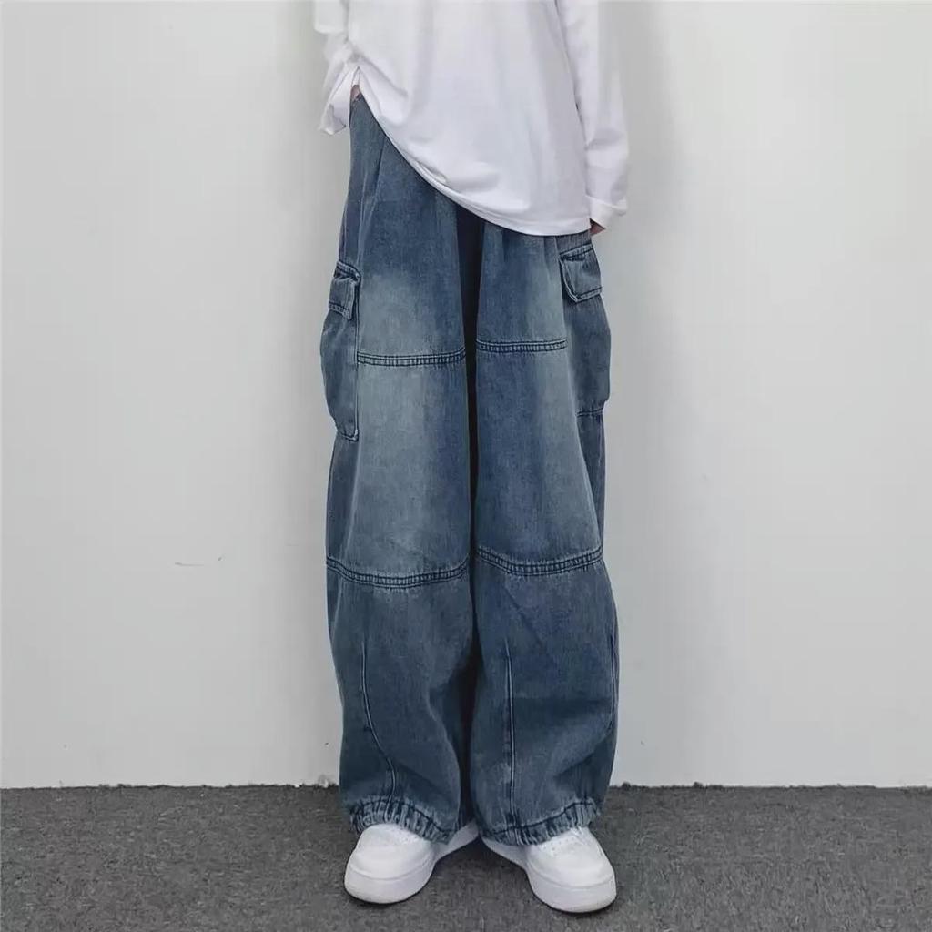 Men's Retro Wide-Leg Large Pocket Overalls - Trendy Loose-Fit Jeans for Autumn/Winter