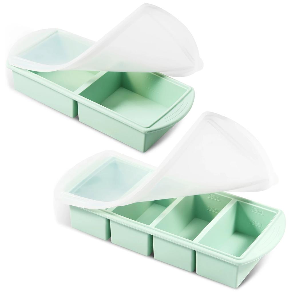 2Pcs Silicone Freezer Tray with Lid Easy Release Ice Cube Mold Soup Freezer Container Mold with Capacity Marking for Sauce Puree