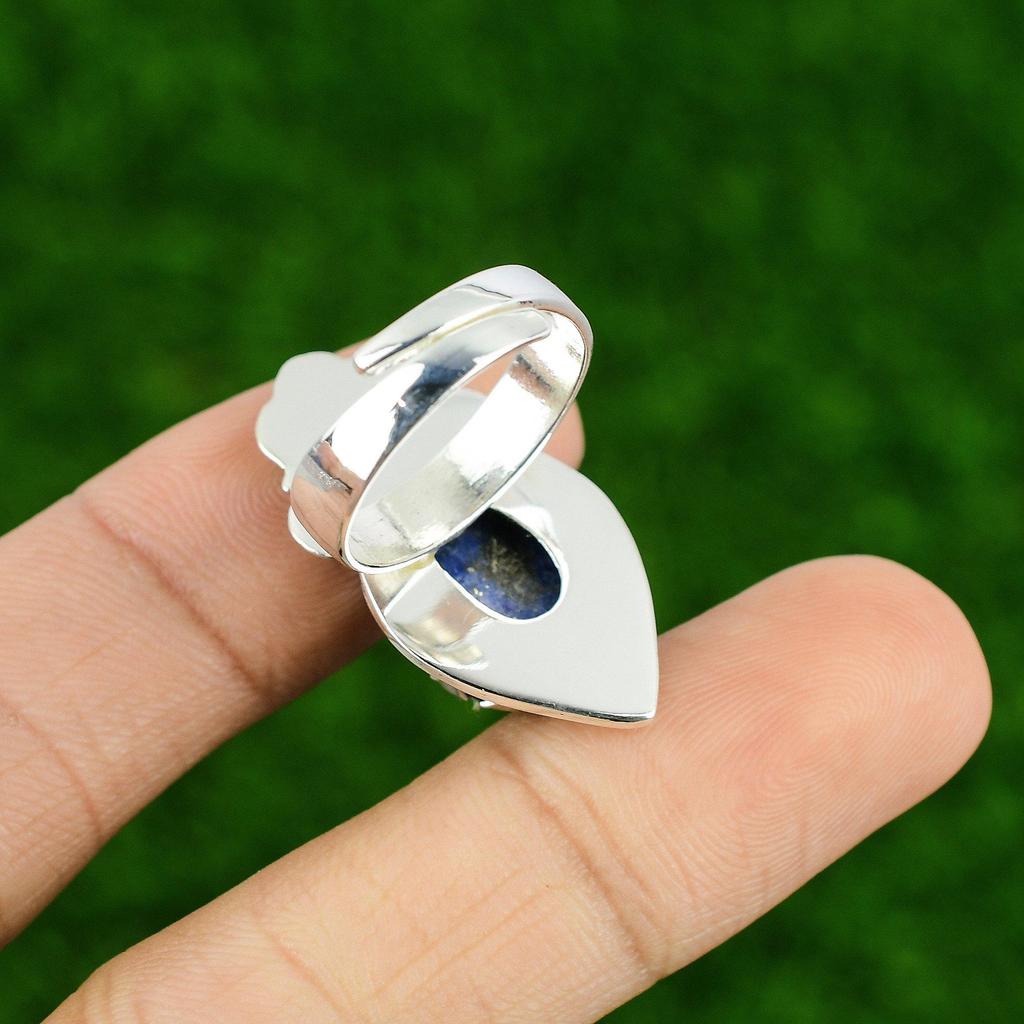 Natural Lapis Lazuli Gemstone Promise Flower Adjustable Ring 925 Sterling Silver