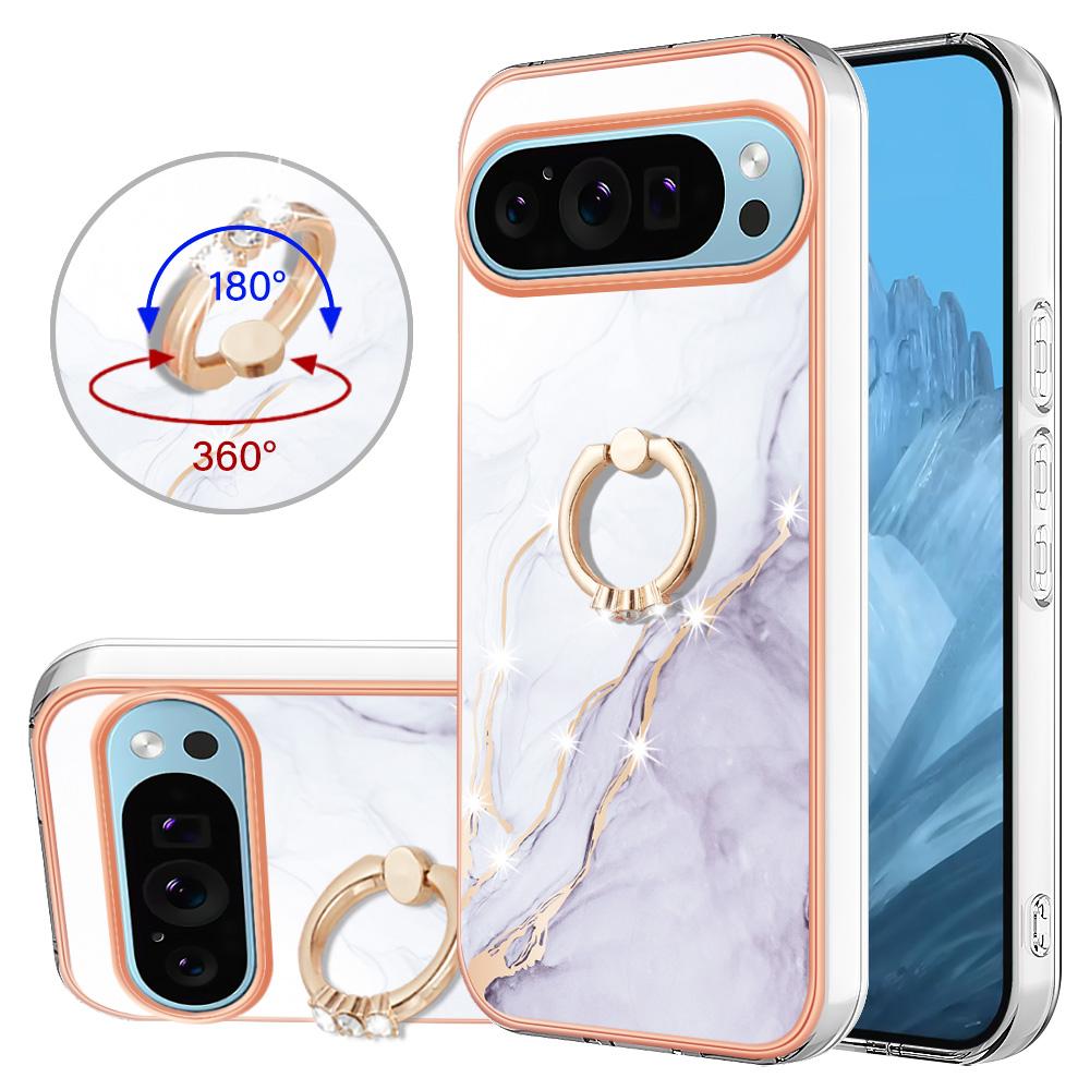 

For Google Pixel 9/Pixel 9 Pro Case with Ring Kickstand Marble Pattern Electroplating TPU Back Cover White 006