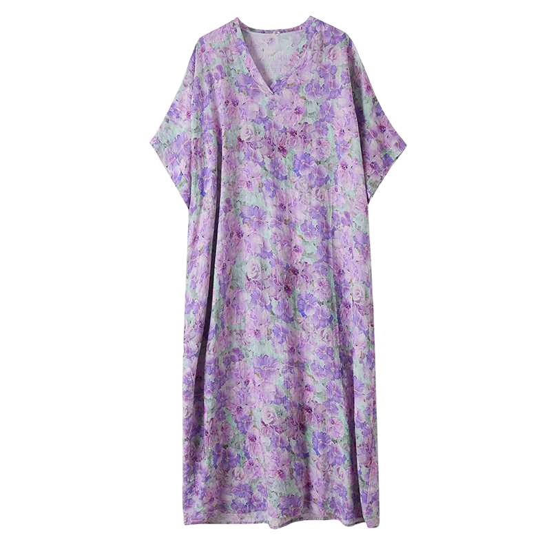 Summer Floral Vacation Style Travel V-neck Retro Long Dress To Hide The Flesh Cotton and Linen Dress