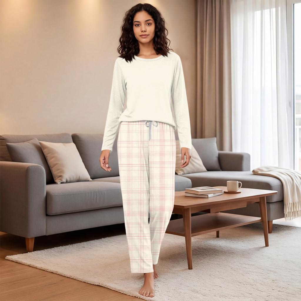 Women's Casual Printed Pajama Set with Round Neck and Loose Fit for Sleep and Lounging