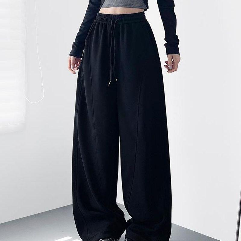 Red High-Waisted Wide-Leg Fleece-Lined Sweatpants for Girls & Women - Drapey Lazy Style Slimming Plus-Size Autumn New Arrival