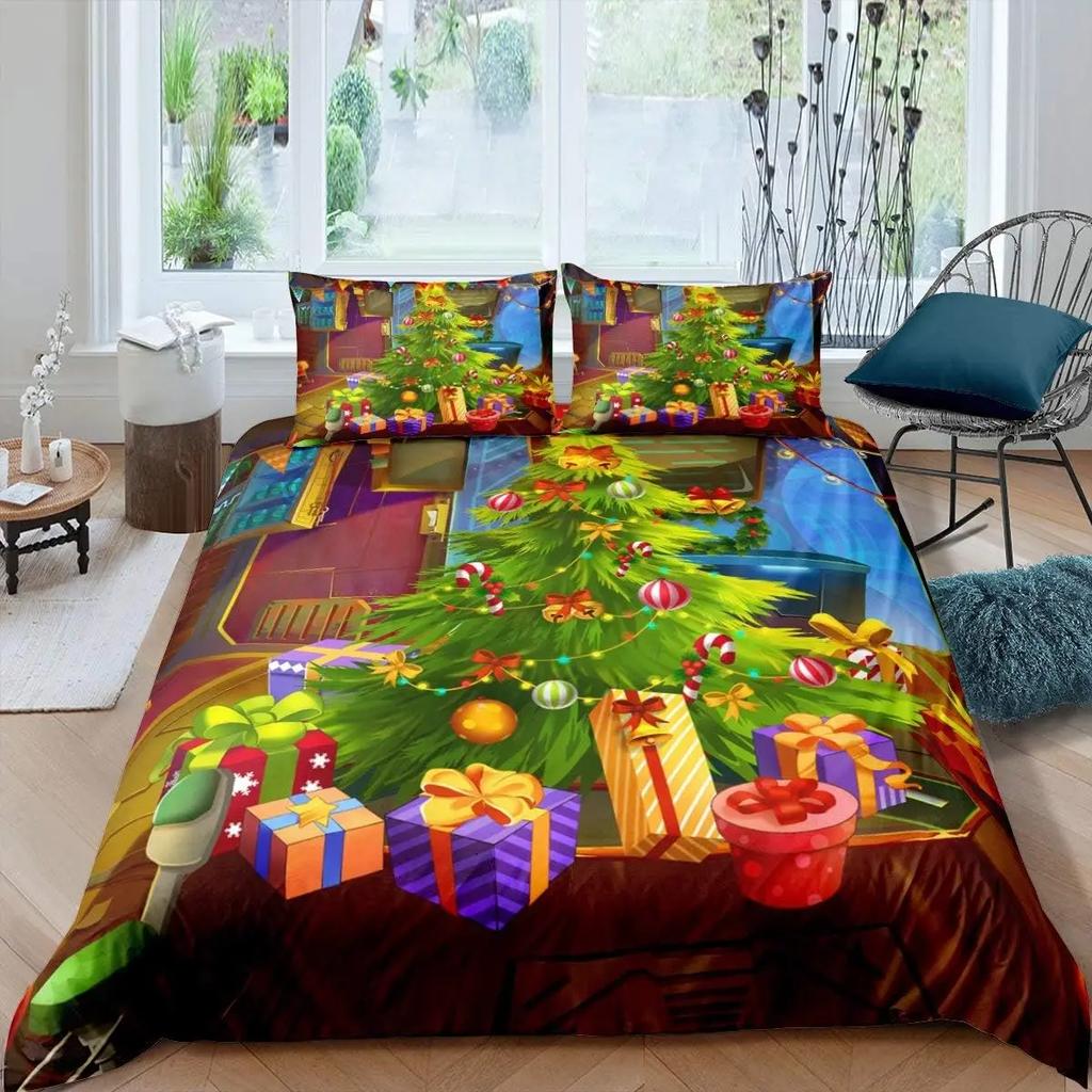 Christmas Tree Duvet Cover set Santa Claus Christmas Night Scene Decor Comforter Cover for Family Merry Christmas Theme Decor