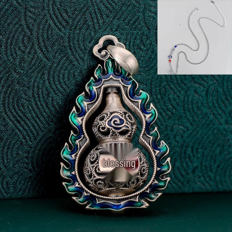 Retro Ethnic Style Women's Sterling Silver 999 Fu Character Enamel Filigree Pendant Necklace