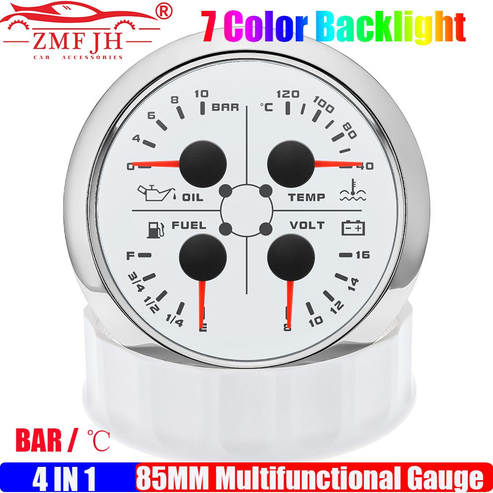 ZMFJH 7 Color Light Multi-Meter 4IN1 Oil Pressure+Water Temperature+Fuel Level Gauge+Voltage with Alarm Sensor Auto Car Boat 12V