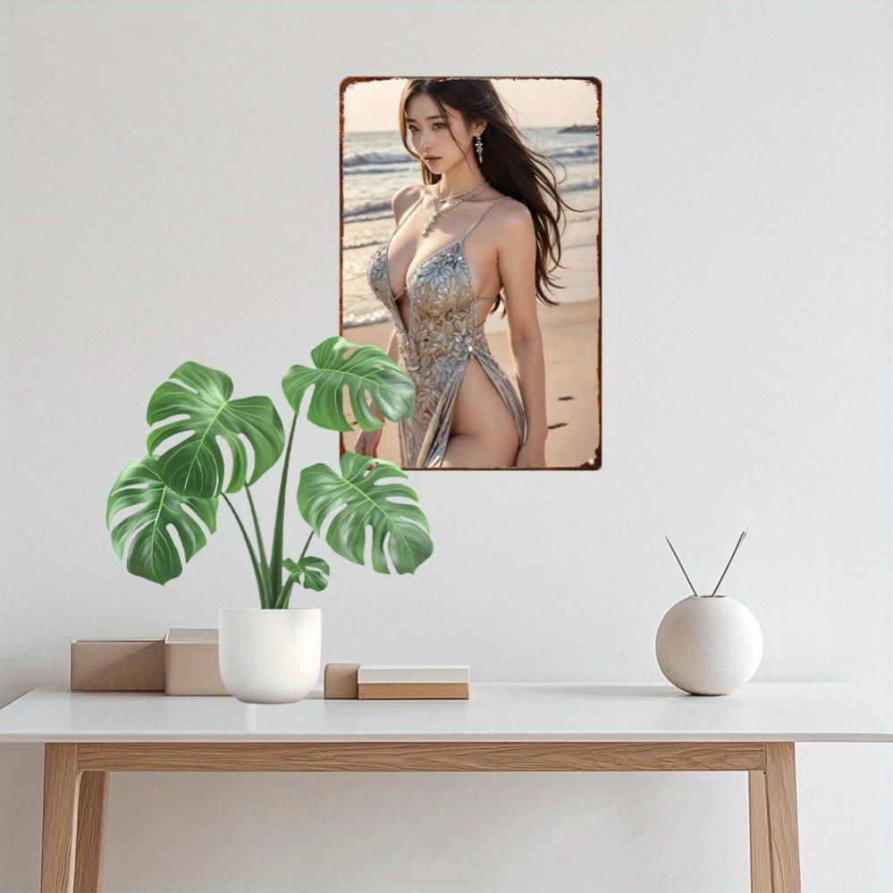 Anime Girl Metal Wall Art 8x12 Inch Retro Beach Decor Floral Swimsuit Home