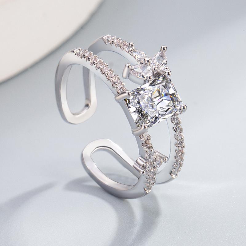 Zircon Square Round Open Ring - Elegant Retro Index Finger Jewelry for Trendy Work and Commute Adjustable Open