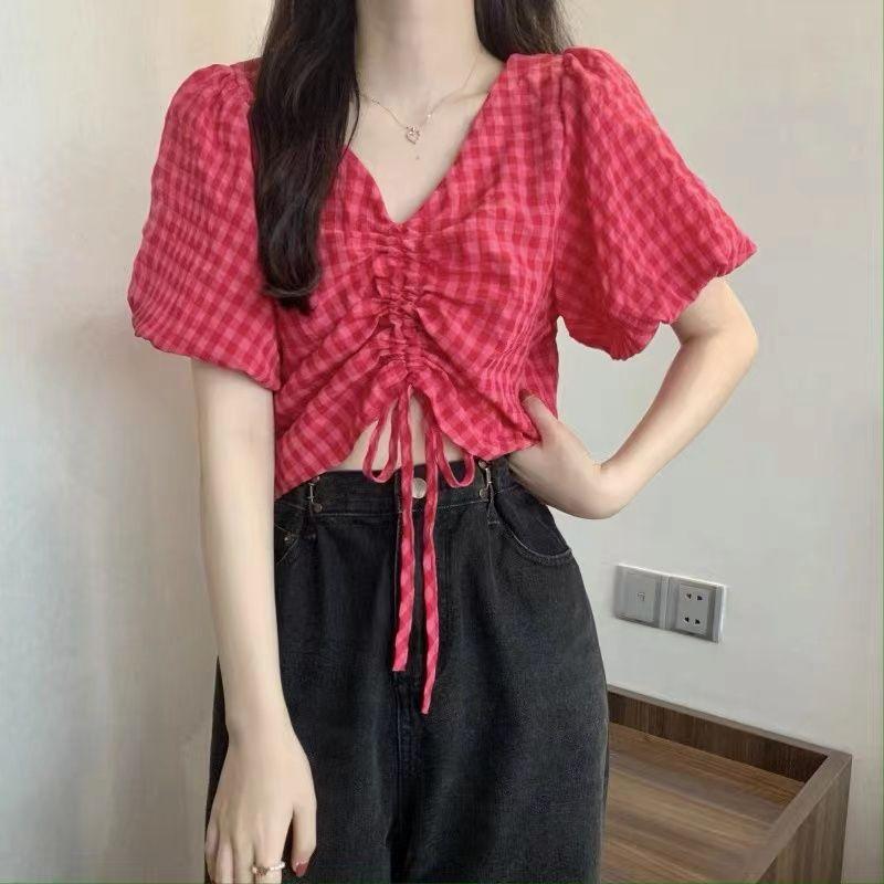 New Niche Design and Drawstring Short Sleeve Shirt Fashionable V-neck Short Plaid Top