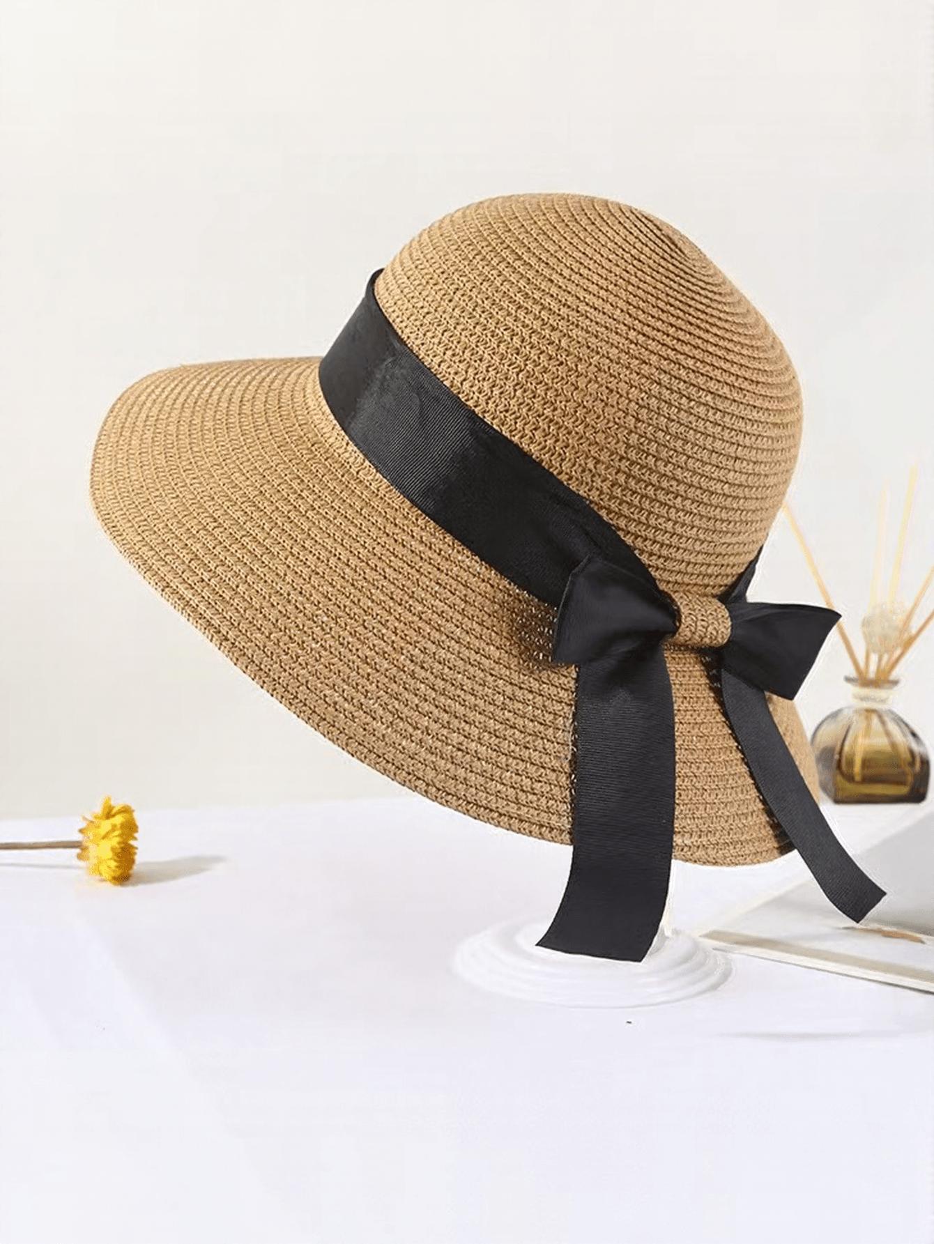 Zealous Sole Women's Black Wide Brim Straw Sun Hat With Bow Band For Beach Summer