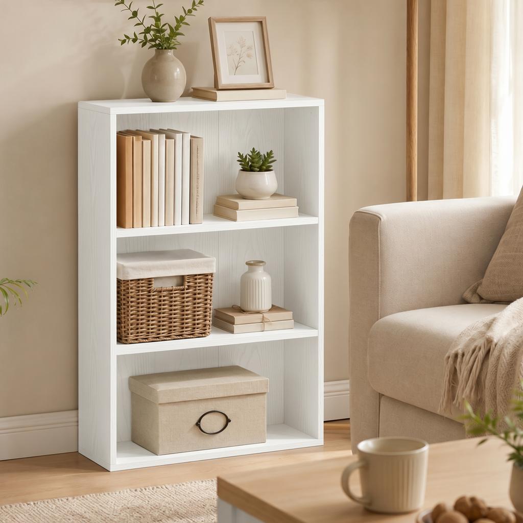 Storage Shelf Bookcase With 3 Compartments And Adjustable Shelf 60 X 24 X 93 Cm White