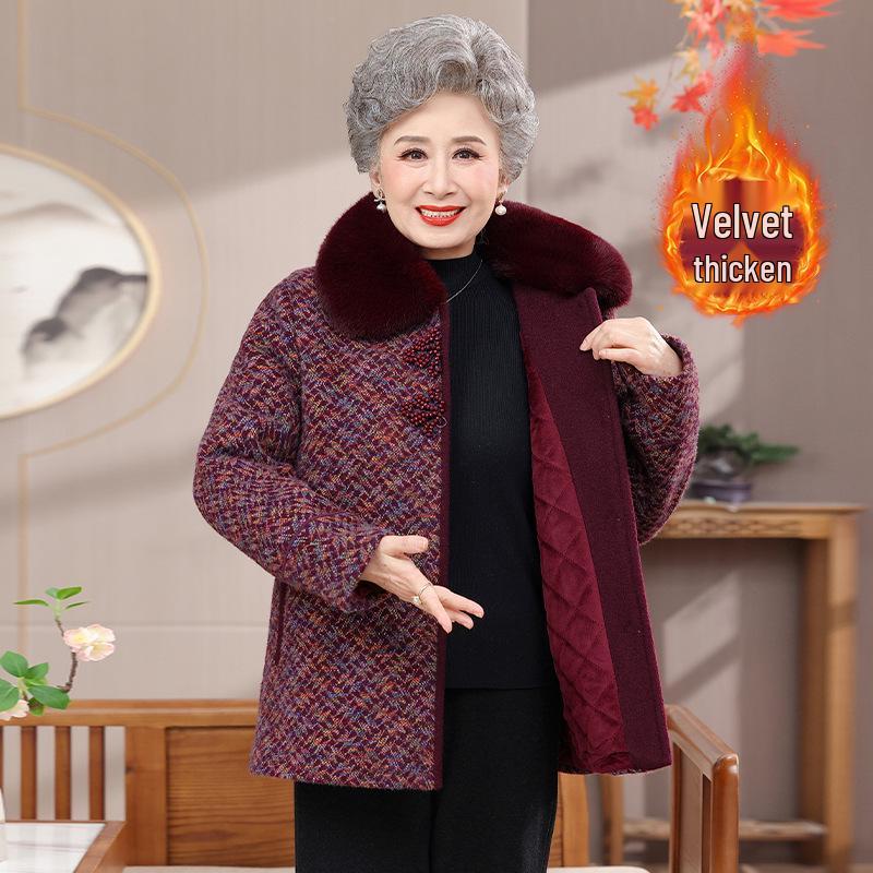 Mom's Winter Wool Coat for Middle-aged & Elderly: Thick Velvet Wool Top for Autumn/Winter, Grandma's Warm Outfit