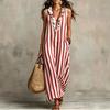 Summer New Bohemian Vertical Striped V-neck Edge Pocket Sleeveless Dress