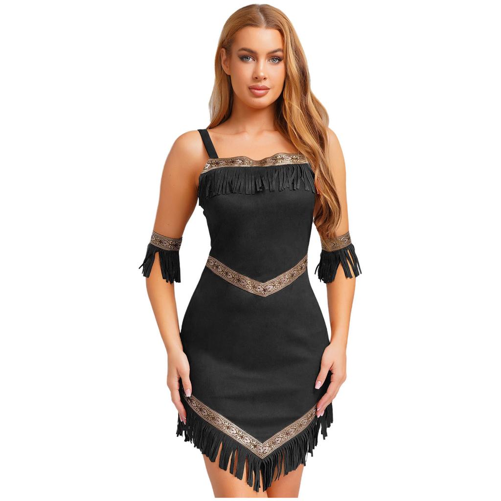 Womens Native Tribe Princess Cosplay Dress Armbands Retro Pattern Trim Tassel Irregular Hem Sling Aboriginal Faux Suede Costume