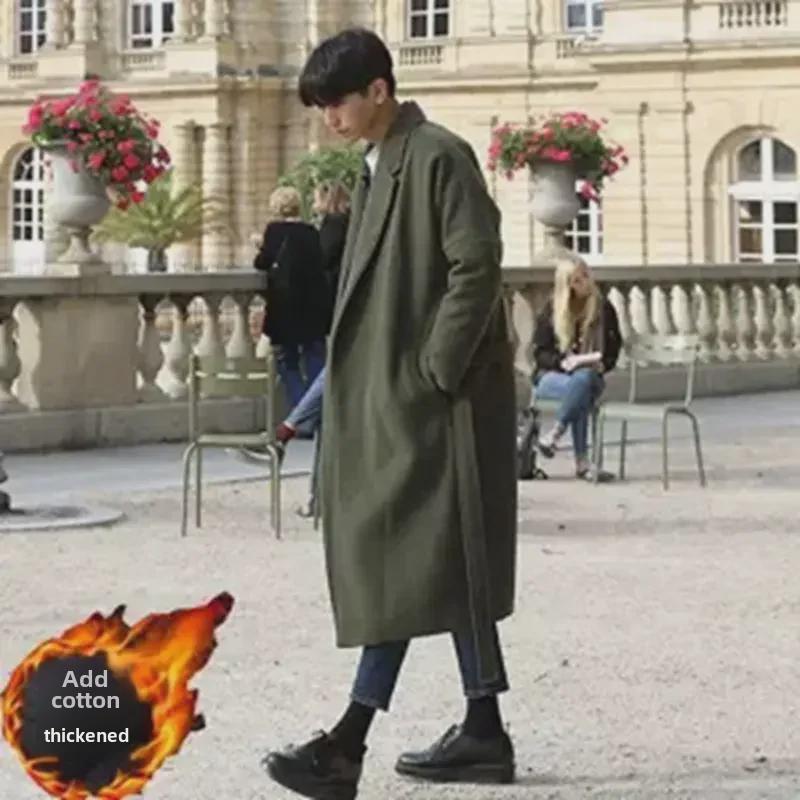 Men's Korean Style Long Woolen Windbreaker Coat