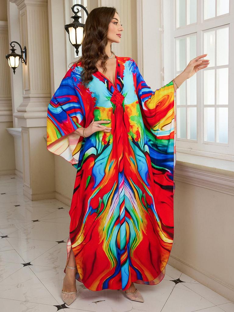 2025 European & American Cotton Printed Beach Dress Women's Long Loose Cover-Up with Sun Protection