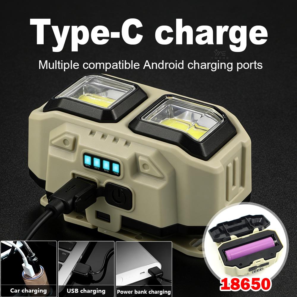 Powerful COB LED Headlamp Waterproof USB C Rechargeable Head Flashlight 18650 EDC Head Torch for Outdoors Hiking Fishing Camping