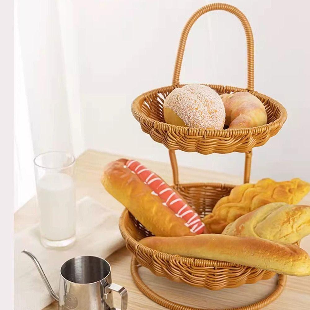 Imitation Rattan Weaving Fruit Basket 2/3 Layers Decorative Standing Tray Home Kitchen