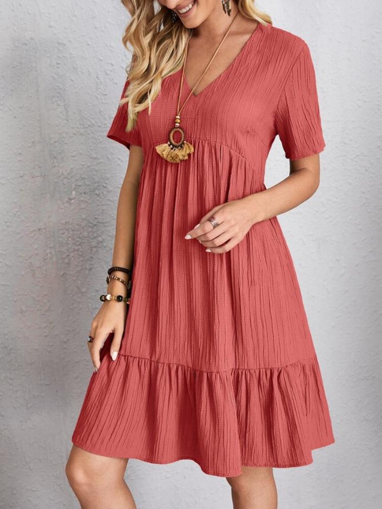Women Solid Ruffles Mini Dresses Summer Casual Loose V Neck High Waist Dress Ladies Vintage Large Big Lace Dresses