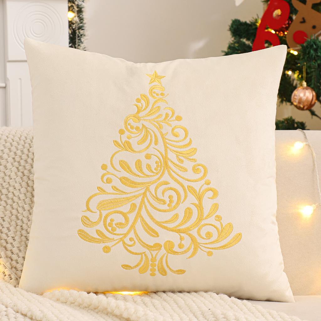 Embroidery Throw Pillow Cover Christmas Decoration Velvet Soft Christmas Tree Gold Winter Farmhouse Home Sofa Living Room