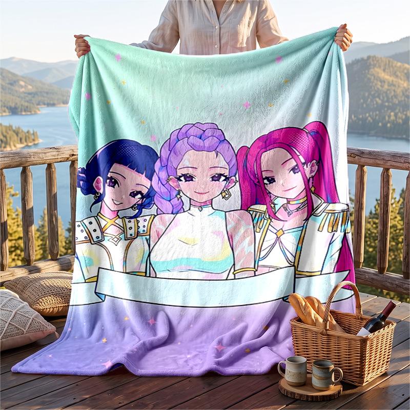 Warm Flannel Blanket Kpop Demon Hunters Pattern, Lightweight Comfortable Throw Blanket for Bed Sofa Use