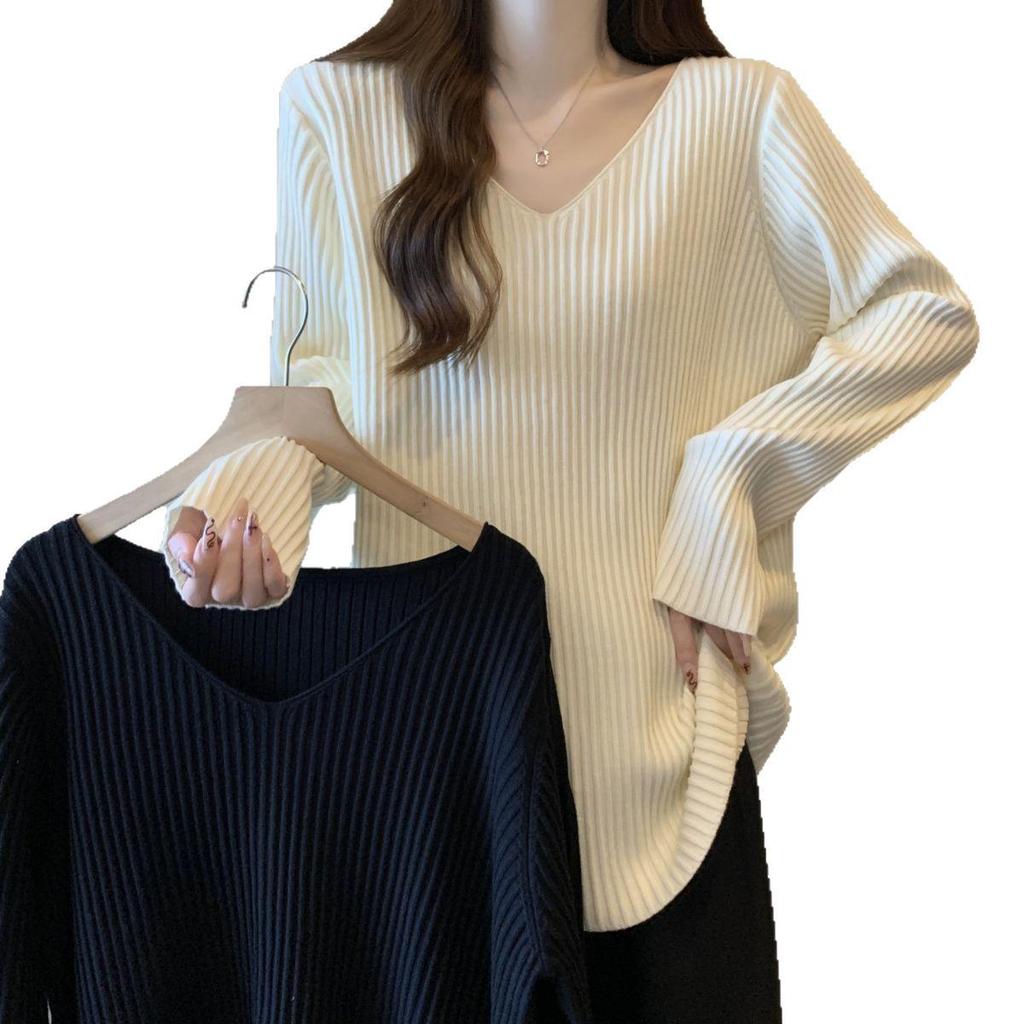 Plus Size Ribbed V-Neck Long Sleeve Women's Slimming Base Layer Top - Autumn/Winter Style