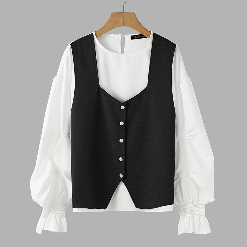 

ZANZEA Women Round Neck Casual Long Sleeve Patchwork Blouse 5XL чёрный