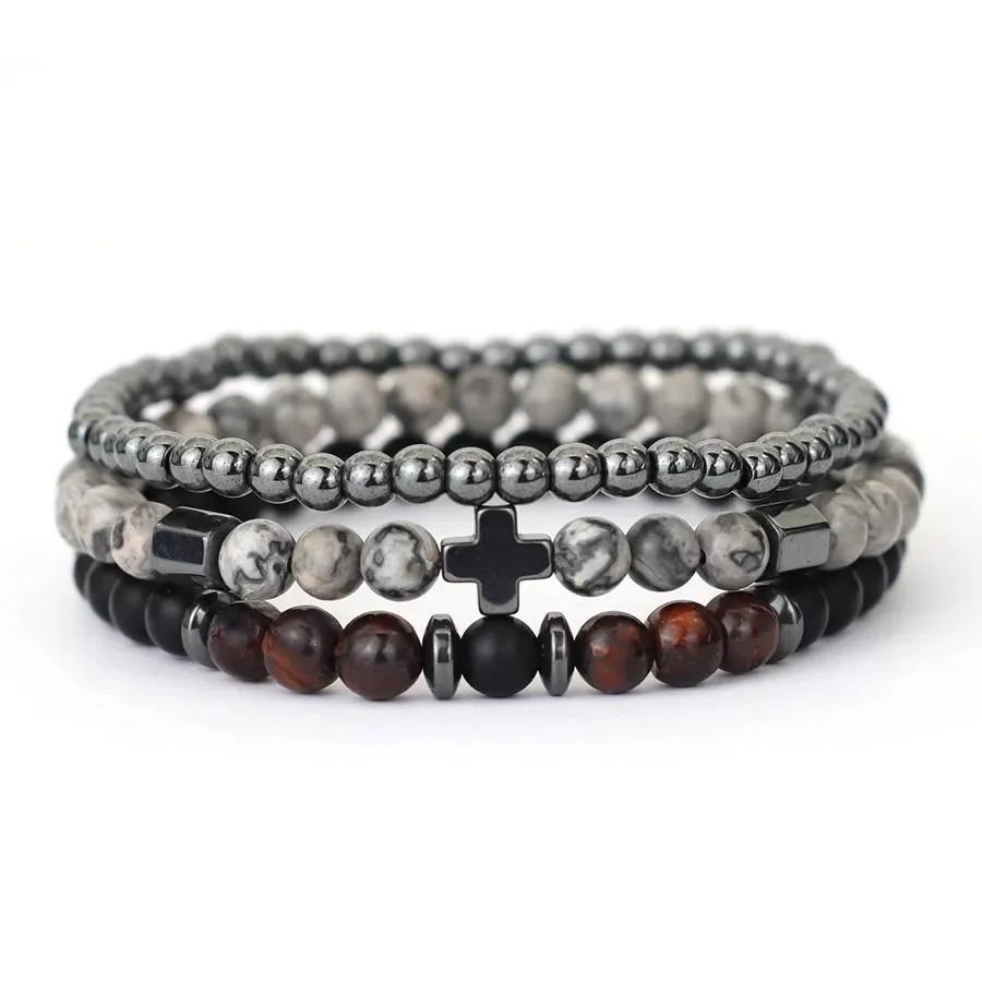 

Новый набор браслетов из 3 штук с бусинами из натурального камня: черный оникс, тигровый глаз, гематит. Лечебный браслет. Подарки для него. Аксессуары из лавы.