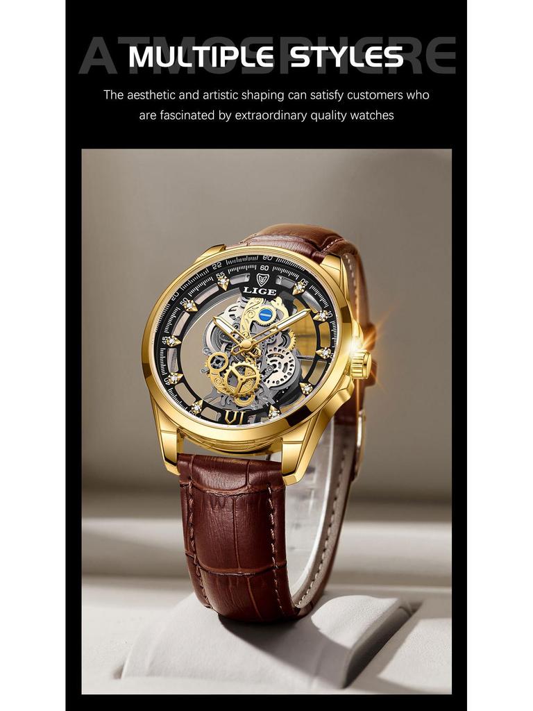 LIGE Men's Skeleton Quartz Watch: Transparent, New Concept, Business, Waterproof.