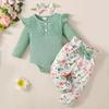 0-18 Months Baby Girl Daily Clothes Set Green Long Sleeve Romper Top + Flowers Pant with Headband Spring Lovely 3PCS Outfits