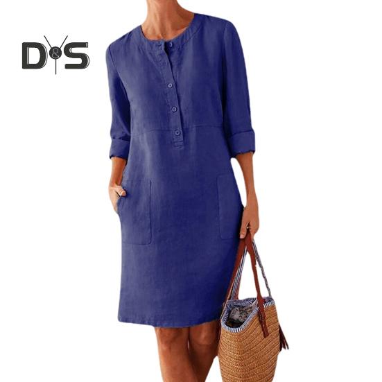 Podzim Jarní Dámské šaty s kulatým výstřihem Jednobarevné Knoflíky Volné Dlouhé rukávy Nášivka Kapsa Délka ke kolenům Neformální šaty na denní nošení