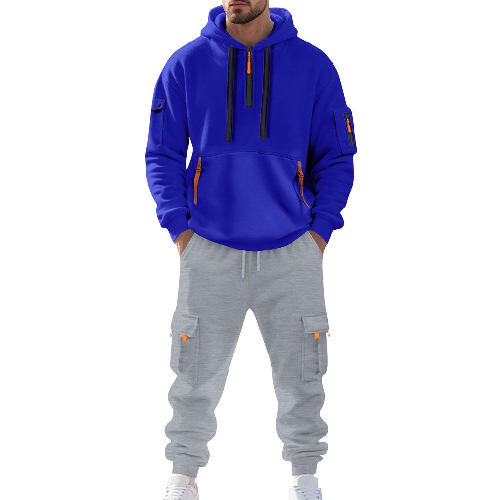 Traje Casual de Color Sólido para Hombre Sudadera Deportiva Holgada con Capucha con Bolsillos Mono con Múltiples Bolsillos