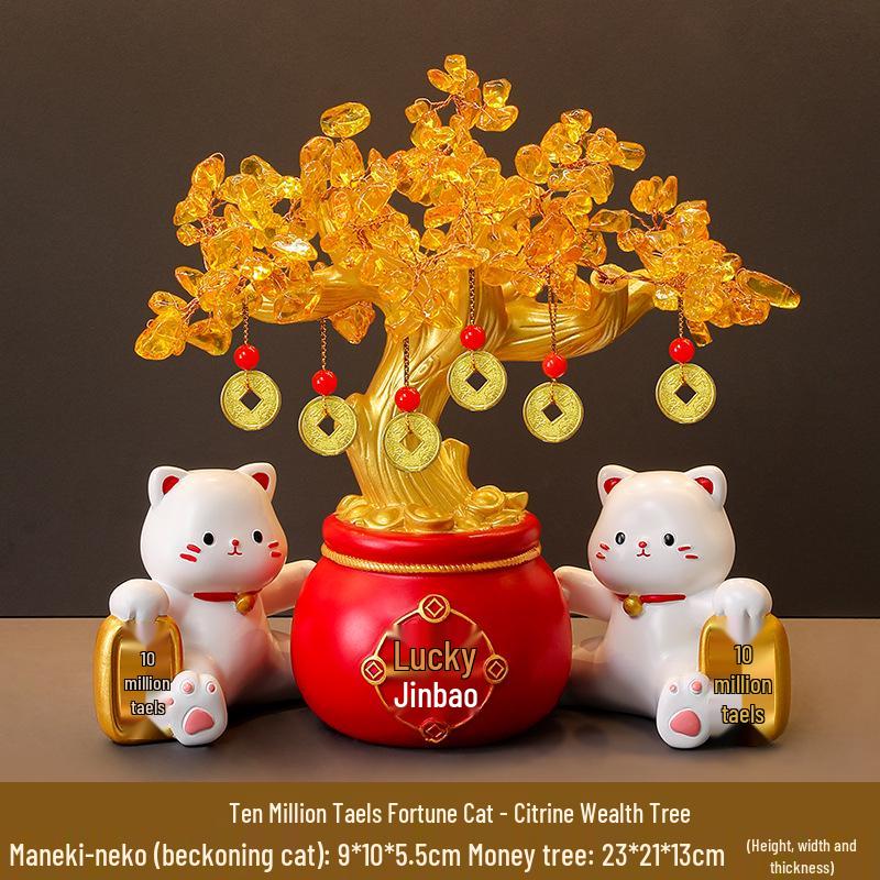 Lucky Cat Crystal Wealth Tree Ornament - High-End Housewarming Gift for New Home Entrance.