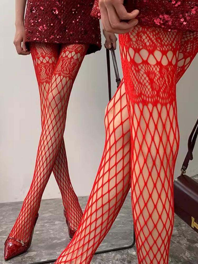 

Women s Summer Thin Large Mesh Jacquard Lace Tights Retro Style Hollowed-out Fishnet Stockings Sexy Slimming Shaping Pantyhose One Size красный