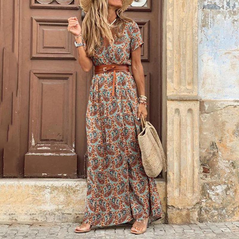 Boho Dámské dlouhé šaty s výstřihem do V s krátkým rukávem Paisley s potiskem s velkým lemem
