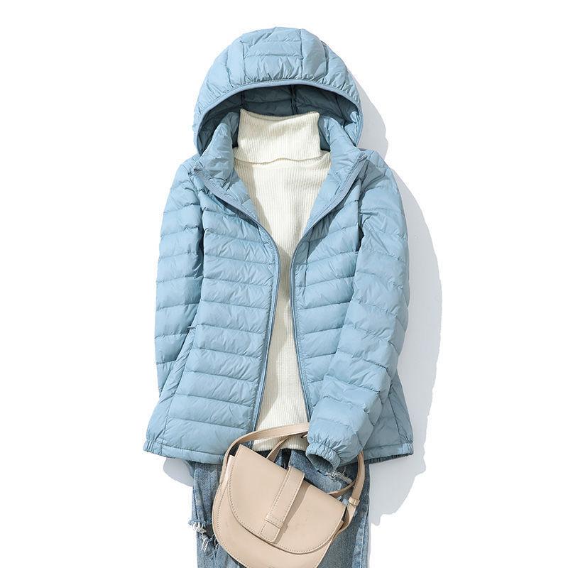 Women Autumn Winter Thin Portable Storage Outwear 90% White Duck Down Jacket with Removable Hood