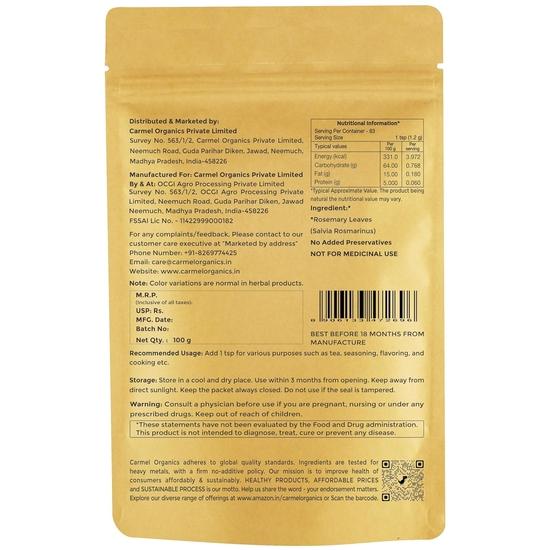 CARMEL ORGANICS Rosmarinblätter (100 Gramm) Mit Sprühflasche | Nützlich für Haarwachstum, Kräutertee und Kochen | Natürlich | Ohne zugesetzte Konservierungsstoffe