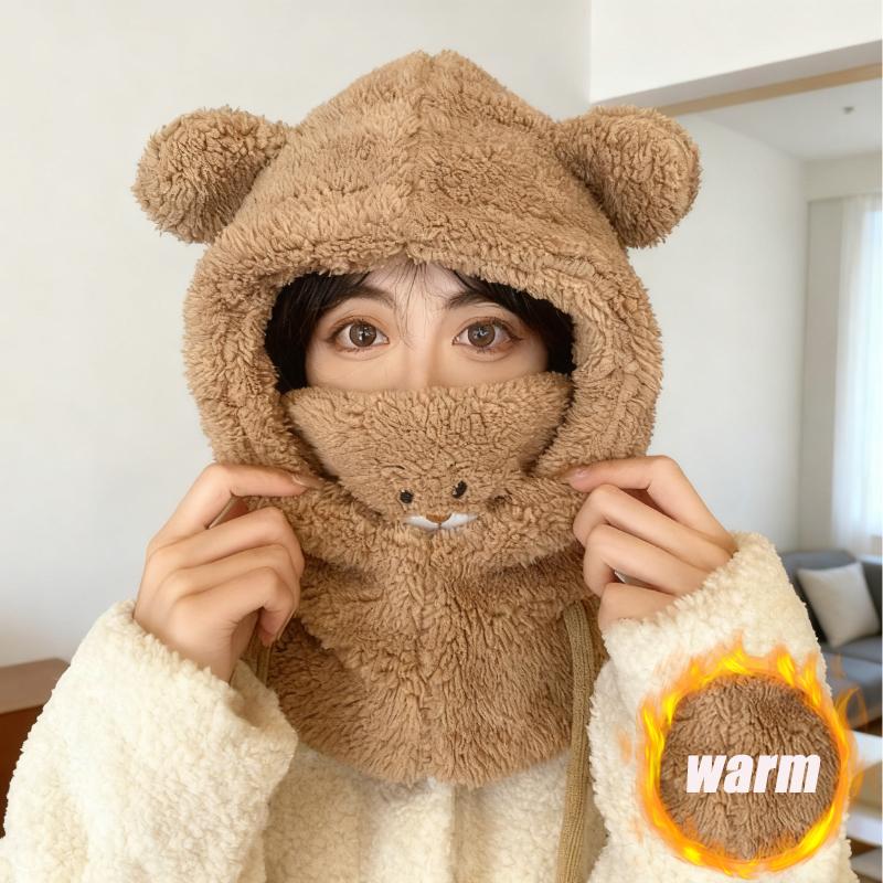 Adorable Animal Plush Hat Scarf One Piece Set for Women Korean Style Winter Fashion with Cozy Fleece Hooded Mask for Outdoors
