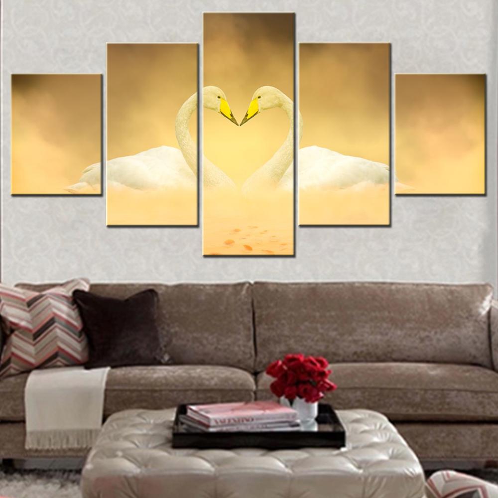 

5 Pieces Canvas Wall Arts Poster Painting Animals White Swan Love Birds Wallpaper Home Decor Picture Printing Living Room Arts 20X35 20X45 20X55CM