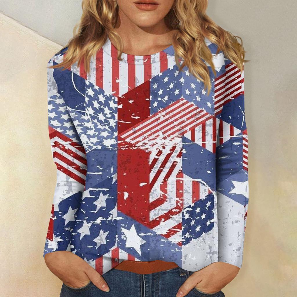 Womens Spring Tops Long Sleeve Patchwork Star Print Casual Crewneck Summer Shirts for Women Comfortable Fit