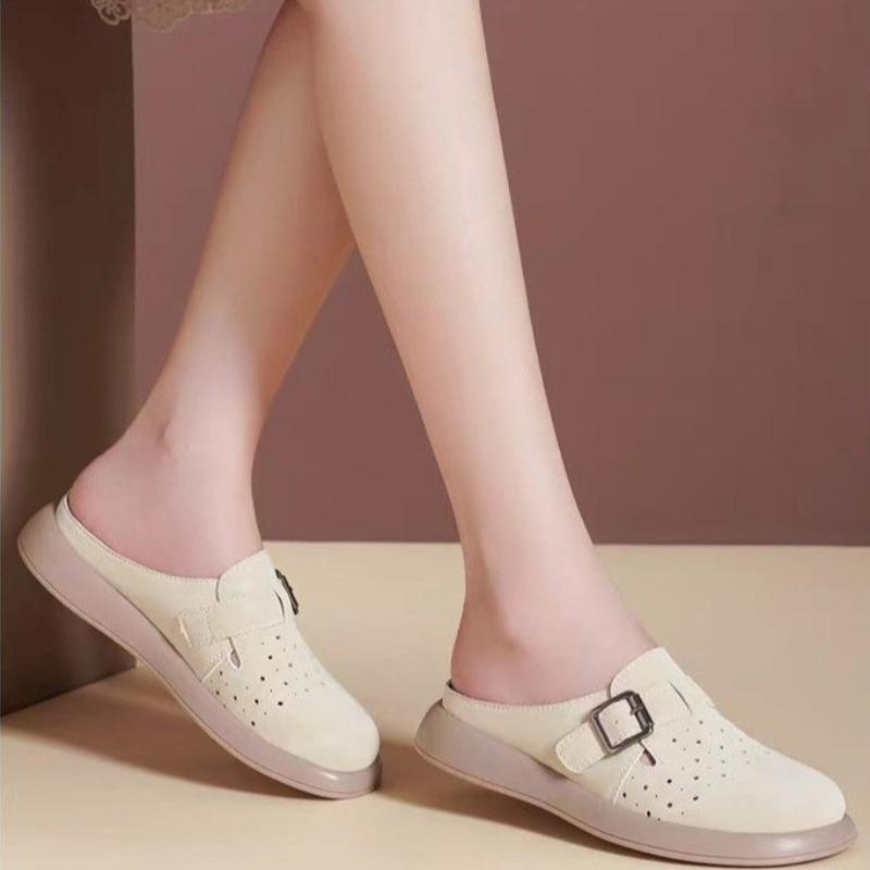 Fashion Spring New Baotou Slippers Women's Fashion Round Head Suede Metal Buckle Thick Soles Anti-slip Wear-resistant Flat Shoes