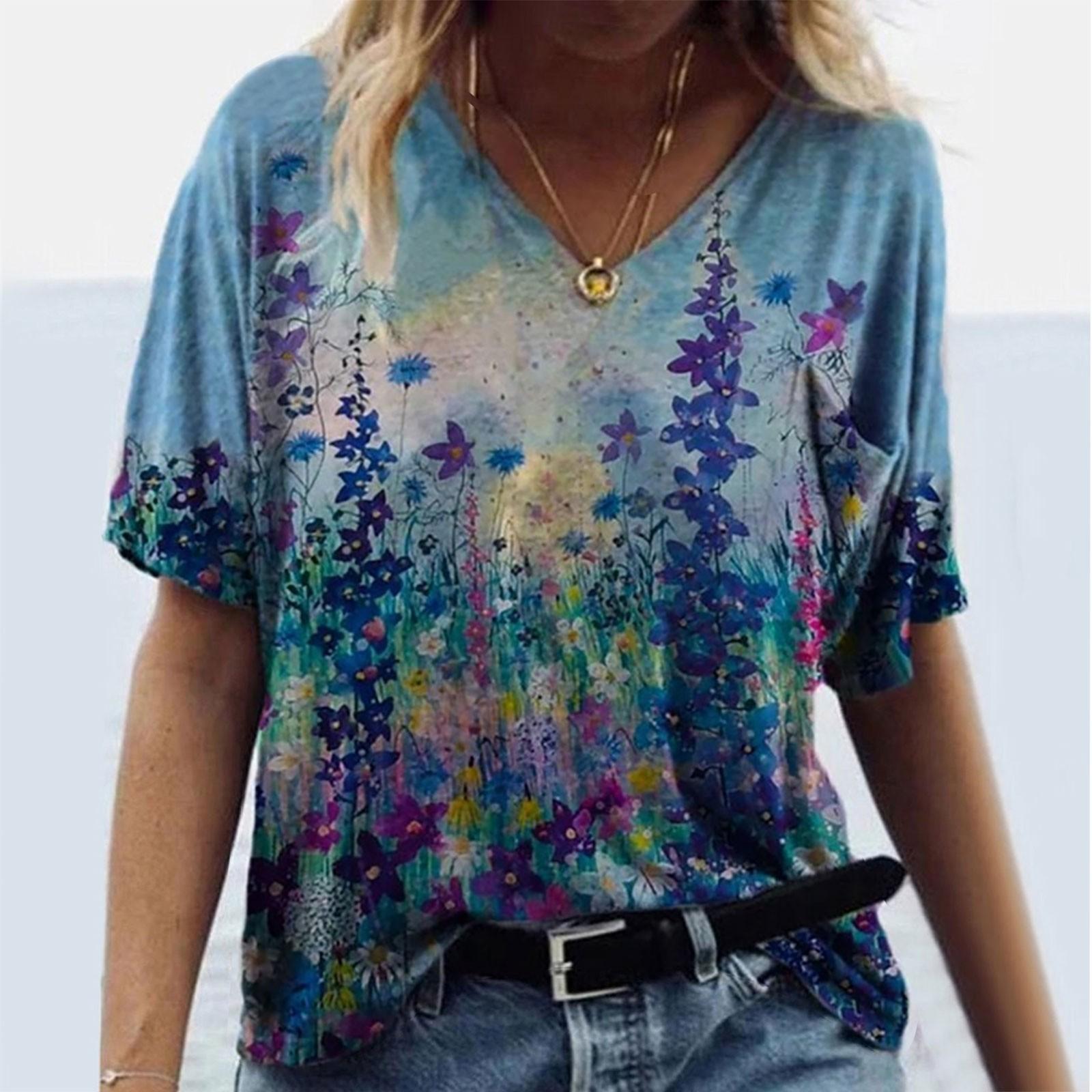 

Women s Summer Casual V Neck Short Sleeve T-shirt Vintage Print Top фіолетовий