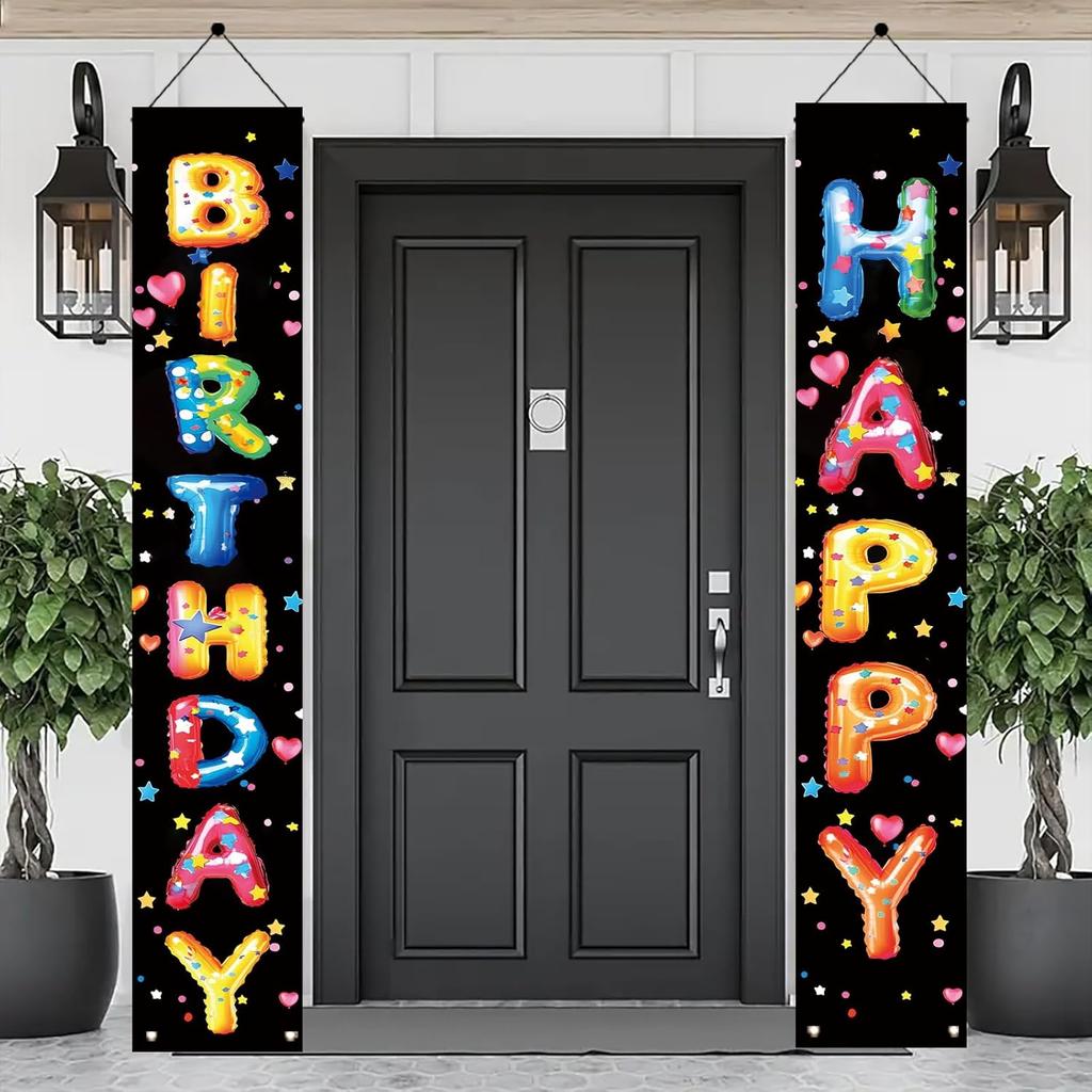 2PCS Happy Birthday Porch Hanging Banner Porch Sign Colorful Balloon Letters Party Decorations Birthday Party Supplies Door Banner Wall Hanging for