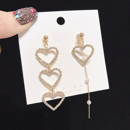 925 Silver Korean Asymmetrical Heart Diamond Pearl Tassel Earrings