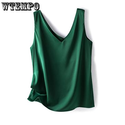 Chemisiers sans manches à col en V pour femmes, gilets élégants en satin de soie, débardeurs et camisoles décontractés et amples, hauts verts unis, été 2023