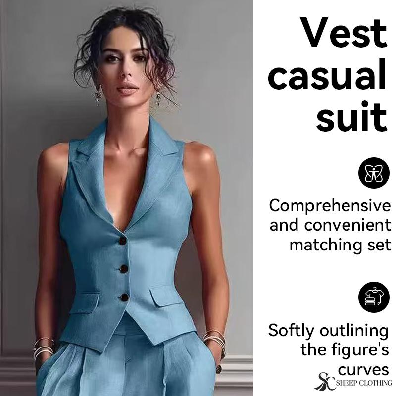 Women Two Piece Vest Pants Suit V Neck Sleeveless Button Waistcoat High Waist Pleated Wide Leg Trousers Business Office Outfit